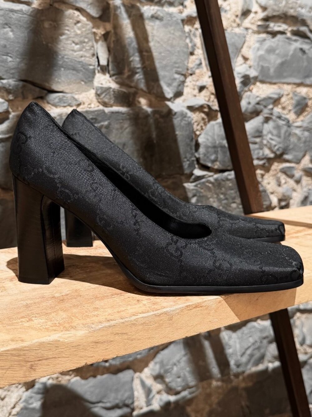 Gucci Black Satin GG Monogram Square Toe Pumps